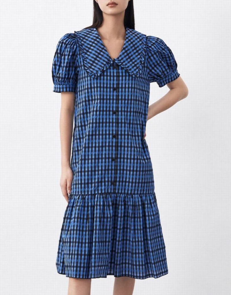 Blue Urban Revivo Plaid Puff Sleeve Ruffle Hem Women's Casual Dress | 39067ZINH