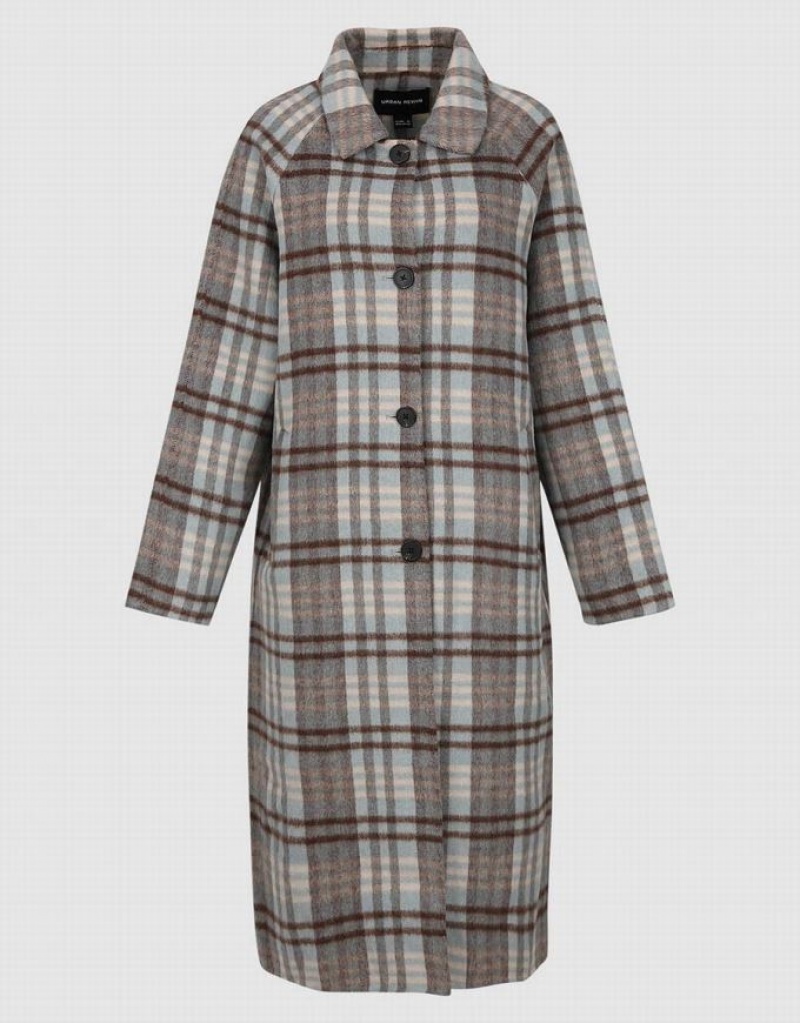 Blue Urban Revivo Plaid Straight Women's Coats | 97018SCAV