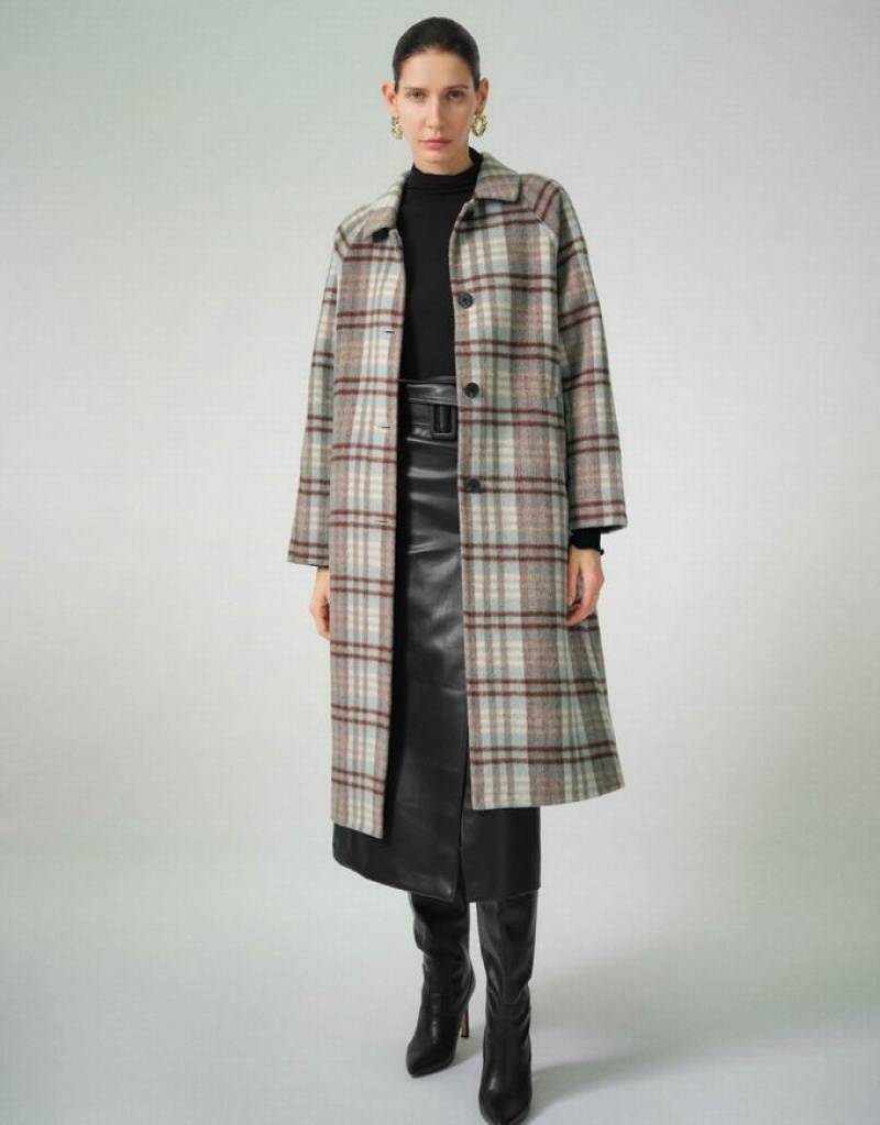 Blue Urban Revivo Plaid Straight Women\'s Coats | 97018SCAV