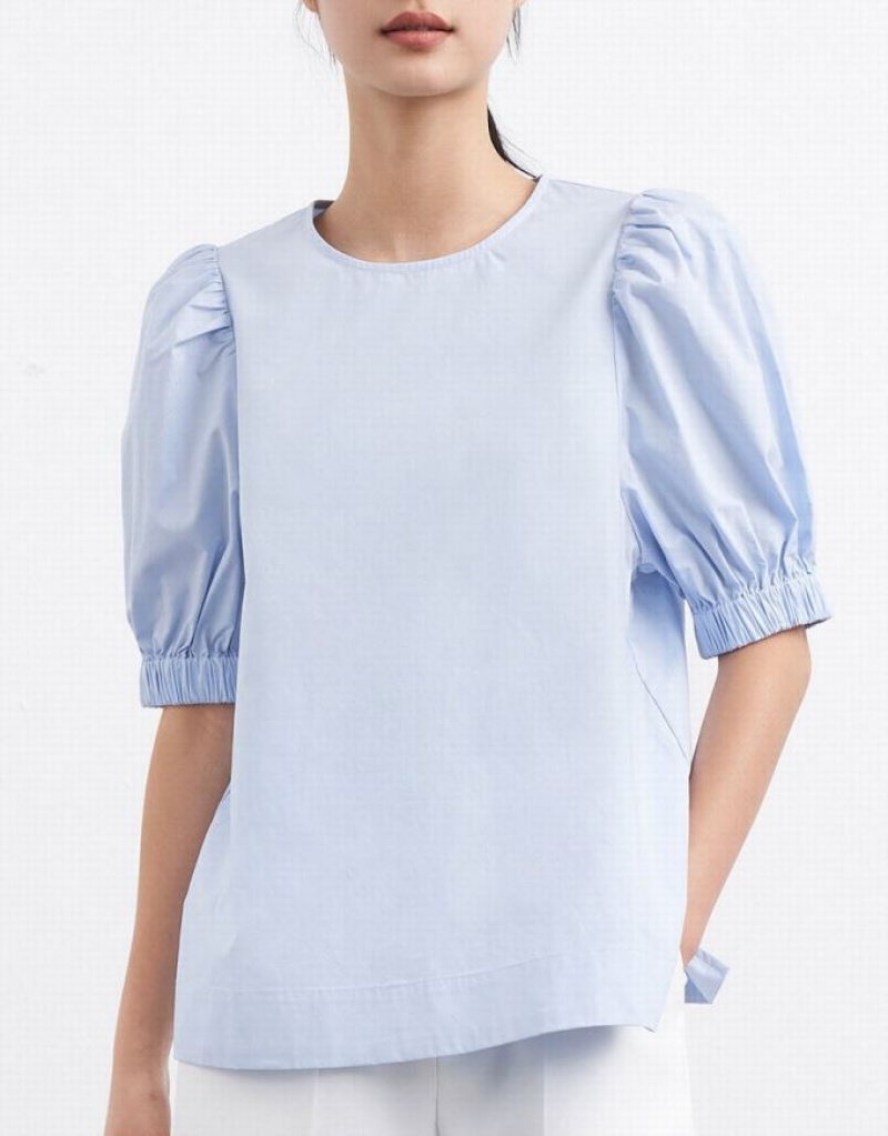 Blue Urban Revivo Plain Puff Sleeve Women's Blouse | 25968YOIZ