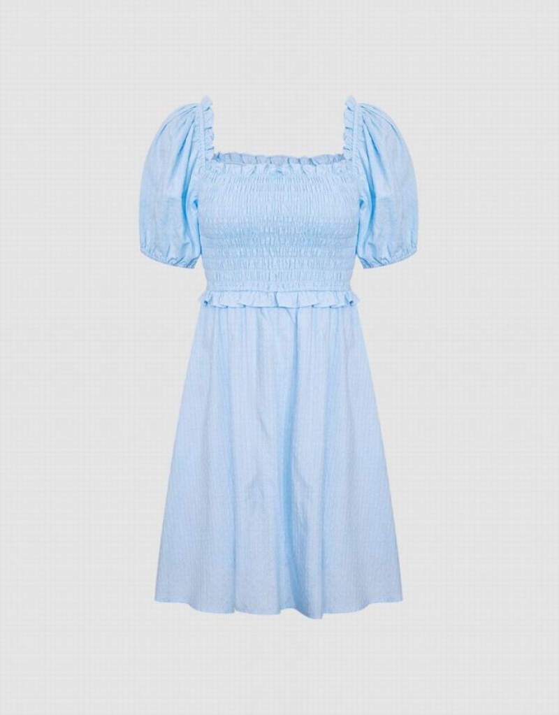 Blue Urban Revivo Plain Shirred Puff Sleeve Women's Casual Dress | 93406MIDR