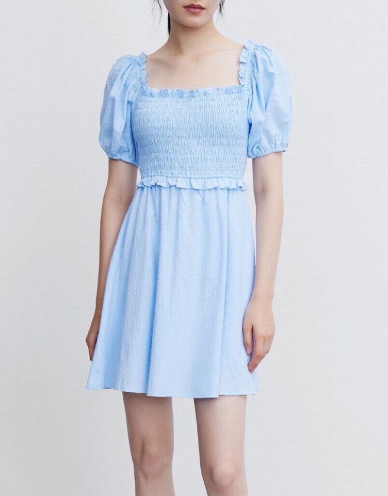 Blue Urban Revivo Plain Shirred Puff Sleeve Women's Casual Dress | 93406MIDR