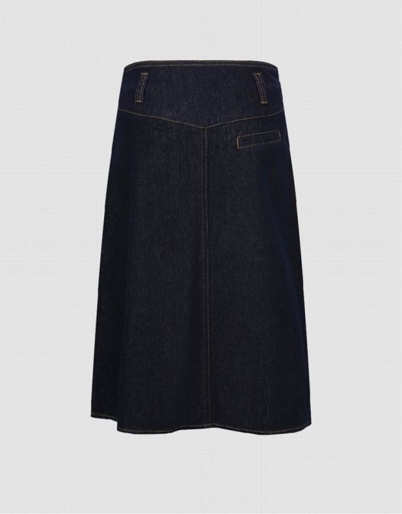 Blue Urban Revivo Pleated Midi A-Line Women's Denim Skirt | 57104YTHA