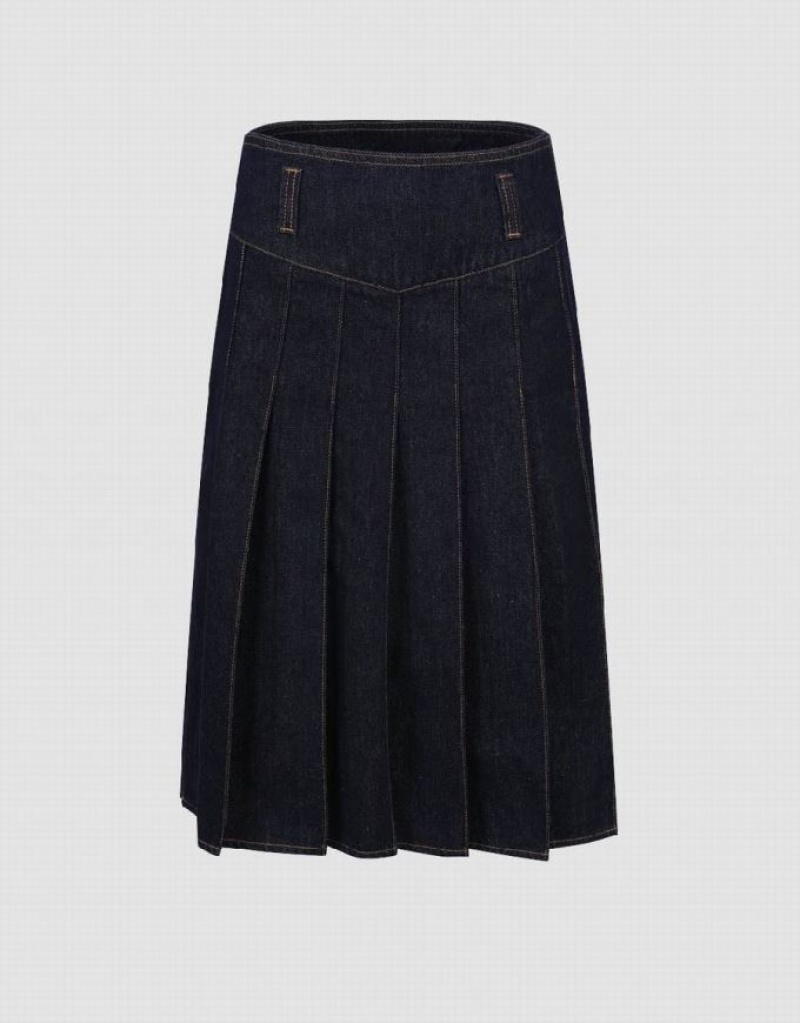 Blue Urban Revivo Pleated Midi A-Line Women\'s Denim Skirt | 57104YTHA