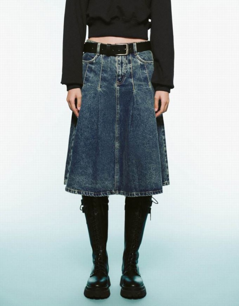 Blue Urban Revivo Pleated Mini A-Line Women's Denim Skirt | 98247SXRJ