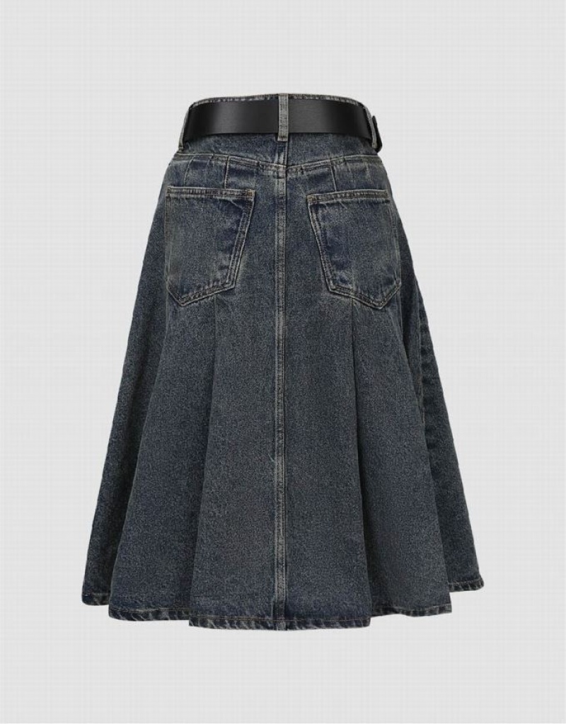 Blue Urban Revivo Pleated Mini A-Line Women's Denim Skirt | 98247SXRJ