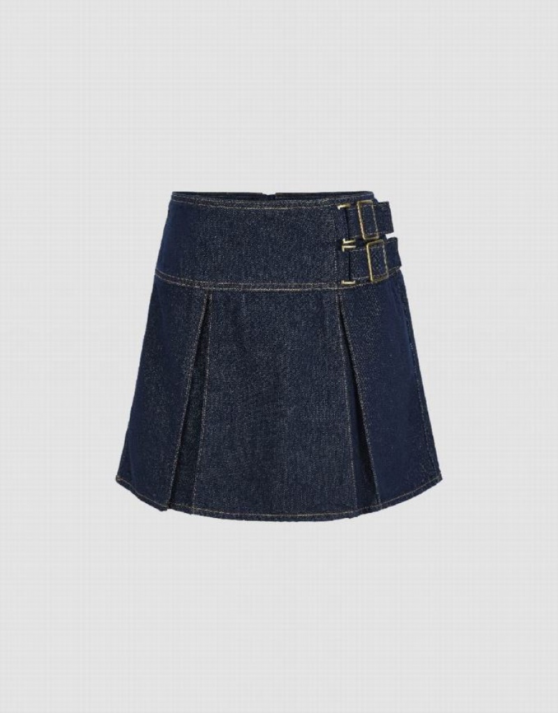 Blue Urban Revivo Pleated Mini Women\'s Denim Skirt | 83657OZJL