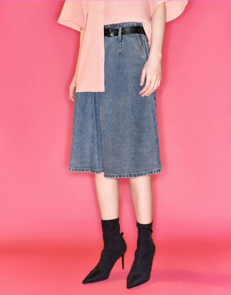 Blue Urban Revivo Pleated With Belt Women's Denim Skirt | 68275RGBU