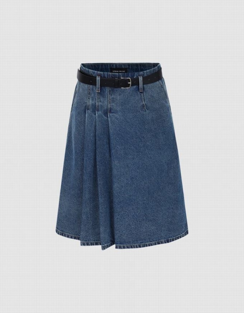 Blue Urban Revivo Pleated With Belt Women\'s Denim Skirt | 68275RGBU