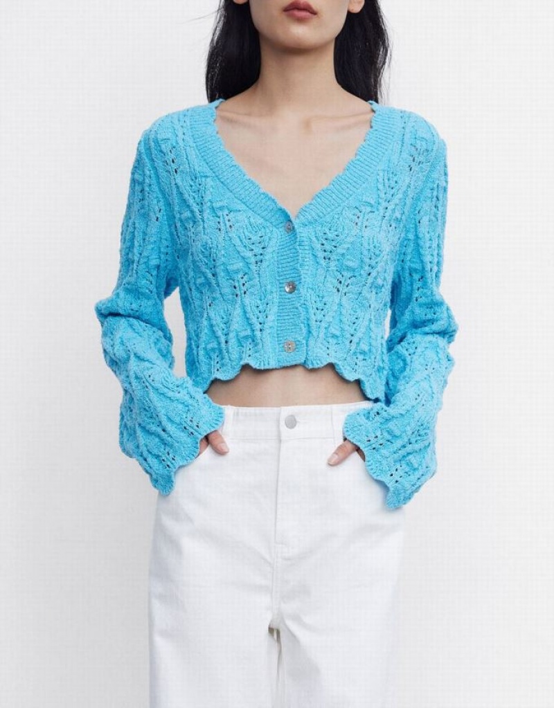 Blue Urban Revivo Pointelle Button Up Women's Cardigan | 45790FYBX