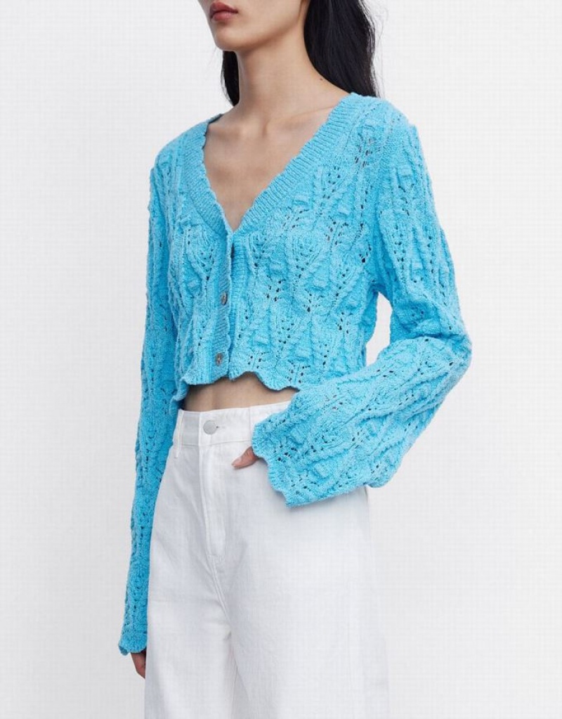 Blue Urban Revivo Pointelle Button Up Women's Cardigan | 45790FYBX