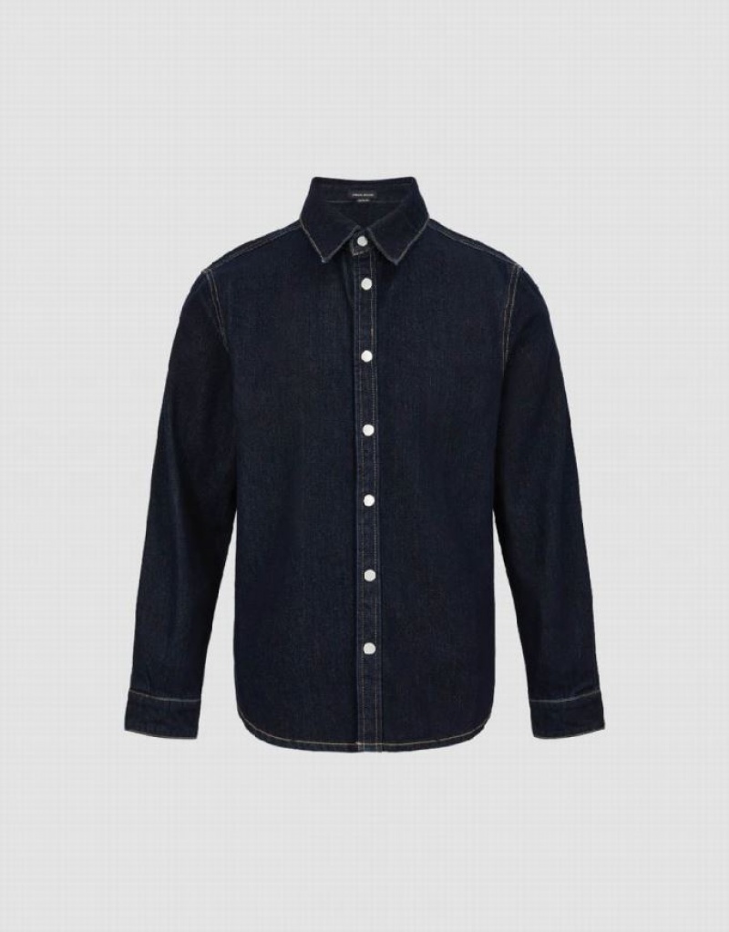 Blue Urban Revivo Press Button Denim Men's Shirts | 32571UJTC