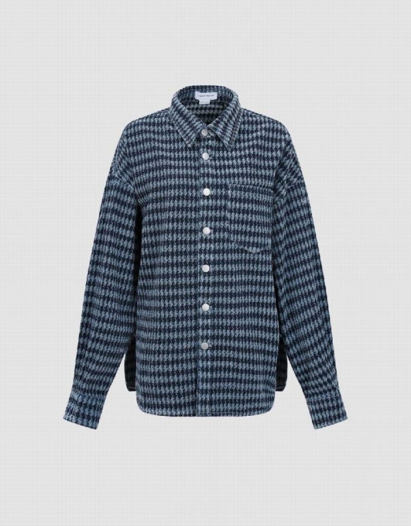 Blue Urban Revivo Press Buttoned Checkered Denim Women's Shirts | 25760CVHT