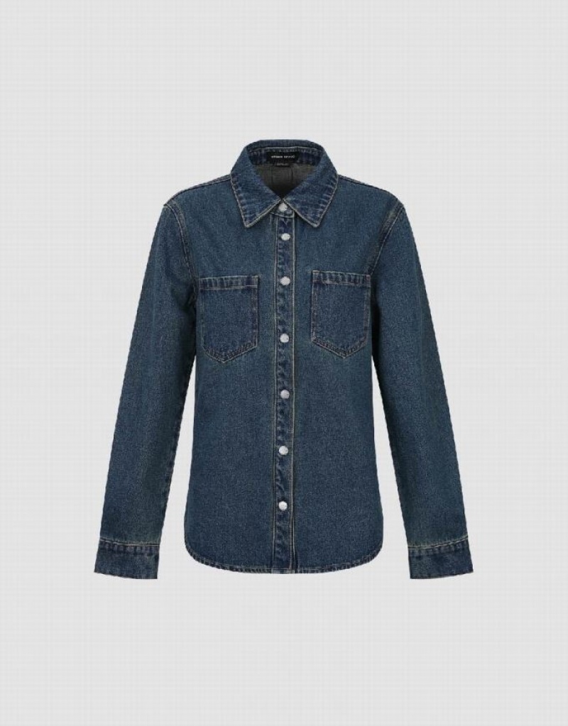 Blue Urban Revivo Press Buttoned Denim Women's Shirts | 36501FGEM