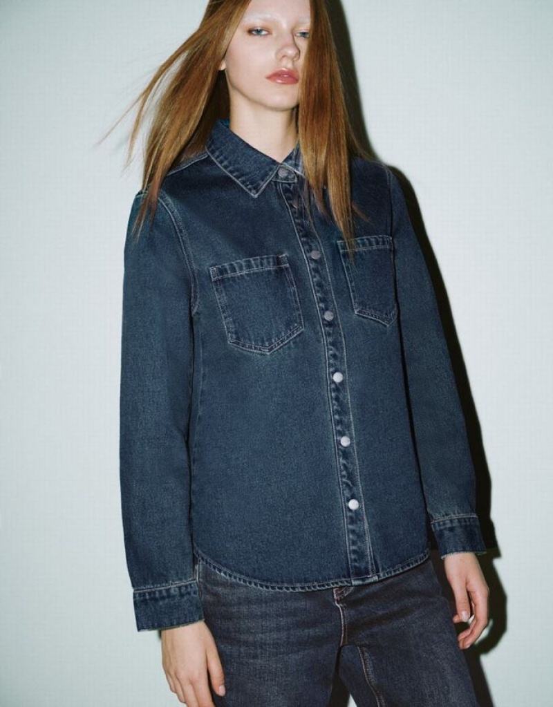 Blue Urban Revivo Press Buttoned Denim Women's Shirts | 36501FGEM