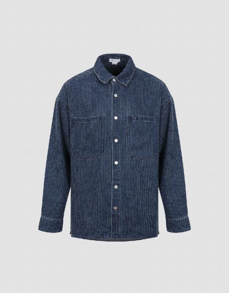 Blue Urban Revivo Pressed Button Denim Men's Shirts | 04659XWKB