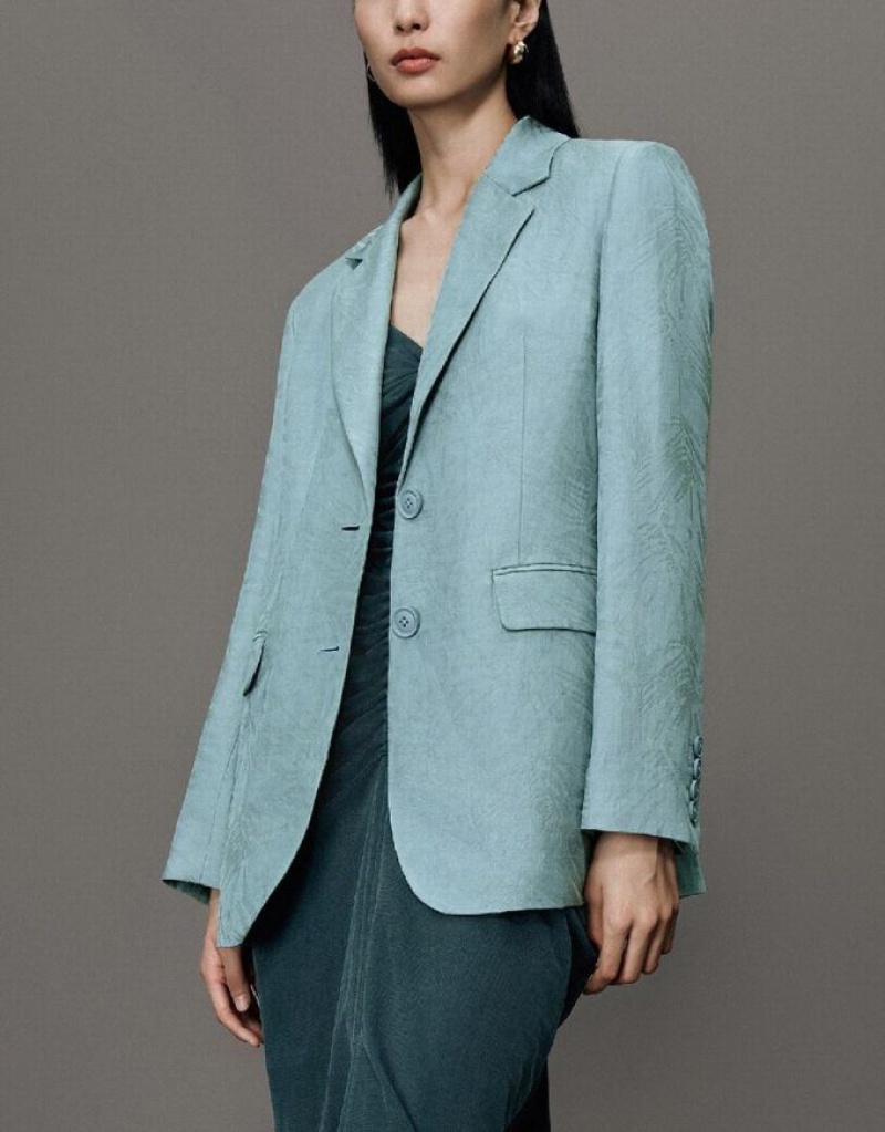 Blue Urban Revivo Pritned Notch Lapel Women's Blazers | 90287ZRCB