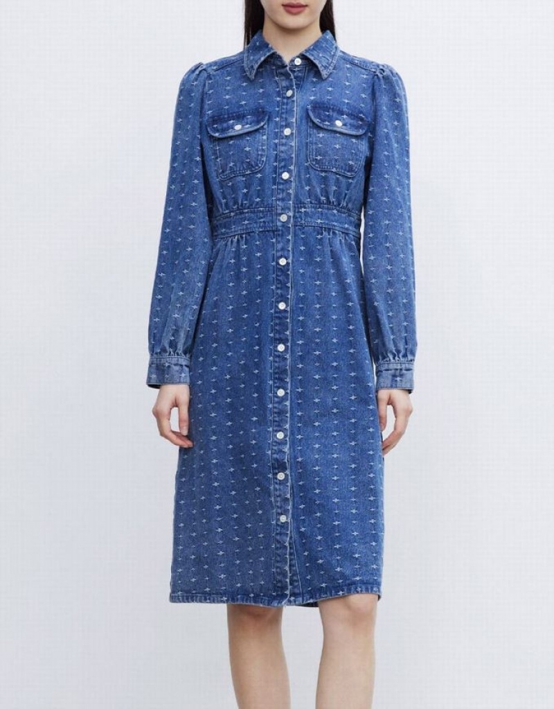 Blue Urban Revivo Puff Sleeve Button Up Women's Denim Dress | 86701VDFL