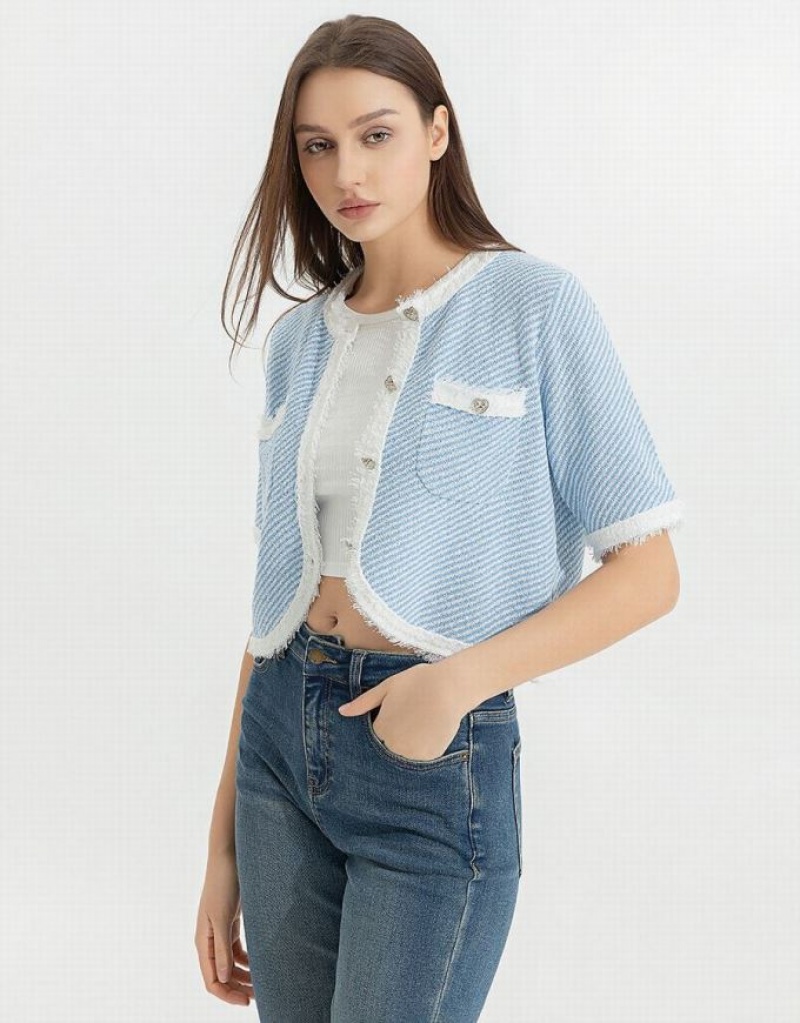 Blue Urban Revivo Raw Hem Crew Neck Knitted Women's Cardigan | 89645UPAG