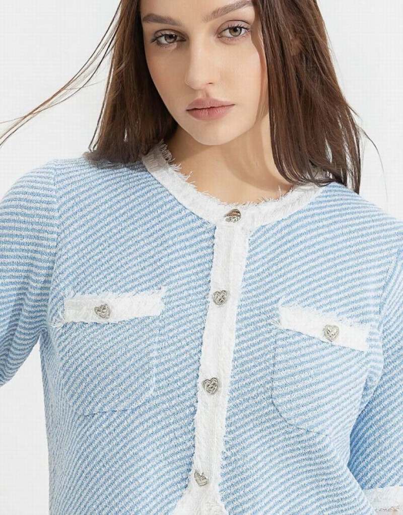 Blue Urban Revivo Raw Hem Crew Neck Knitted Women's Cardigan | 89645UPAG