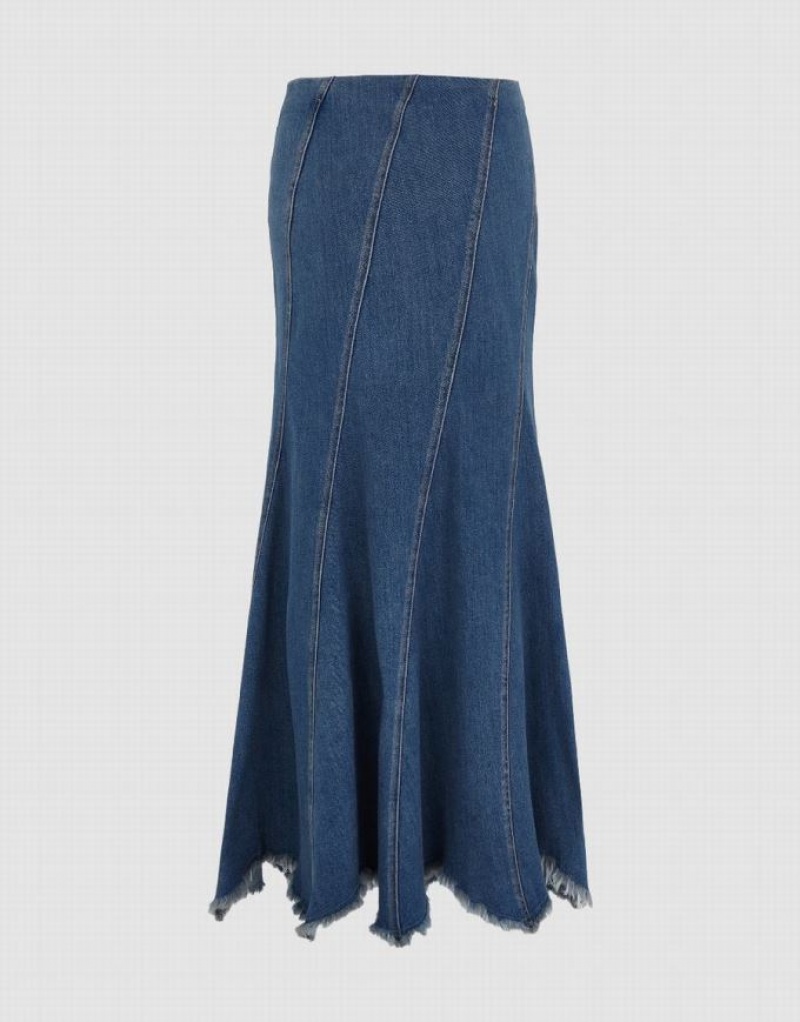 Blue Urban Revivo Raw Hem Fishtail Women's Denim Skirt | 13284OBHF