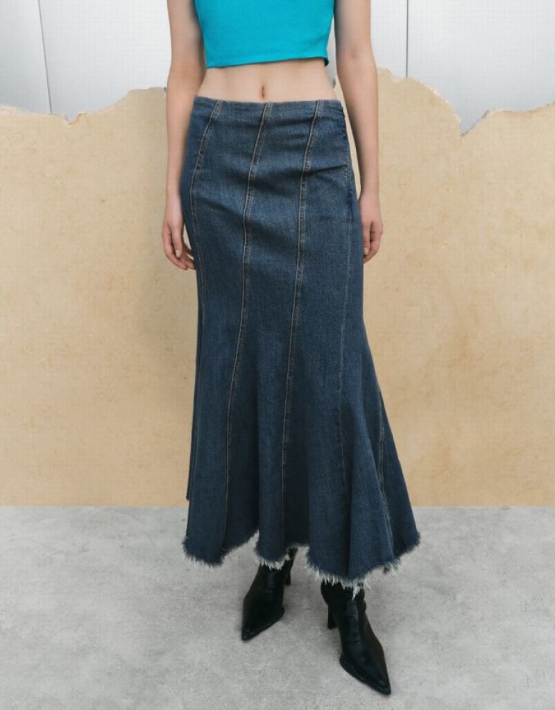 Blue Urban Revivo Raw Hem Fishtail Women's Denim Skirt | 13284OBHF