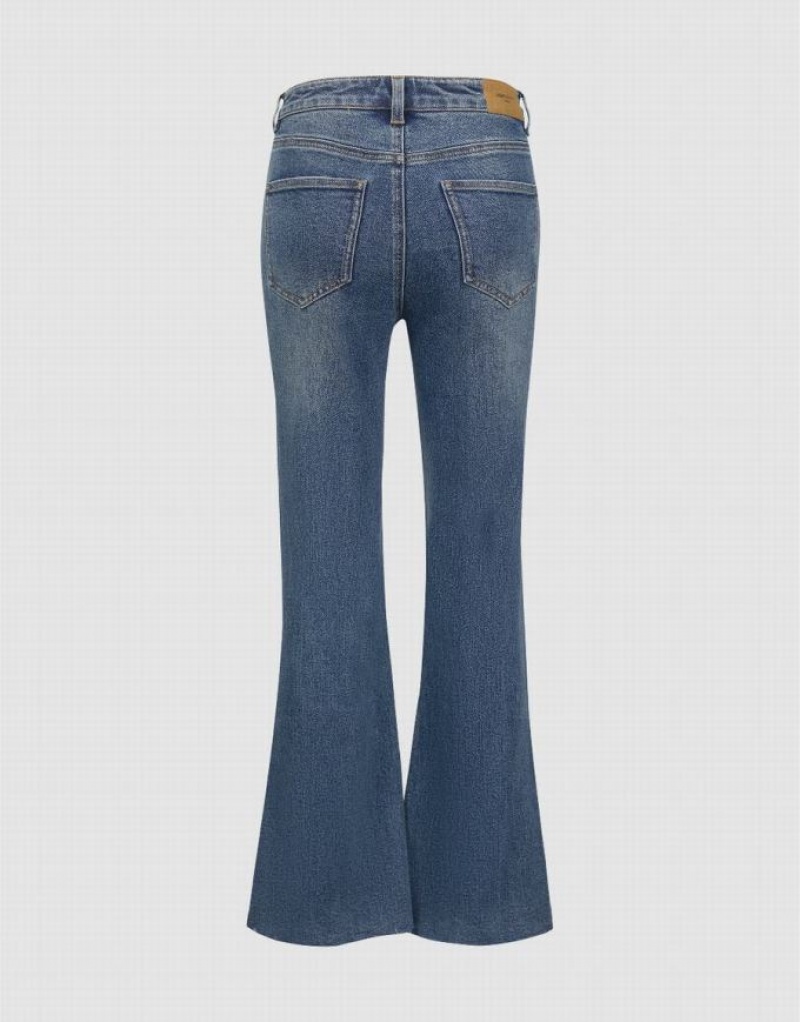 Blue Urban Revivo Raw Hem Flare Women's Jeans | 01238YSWA