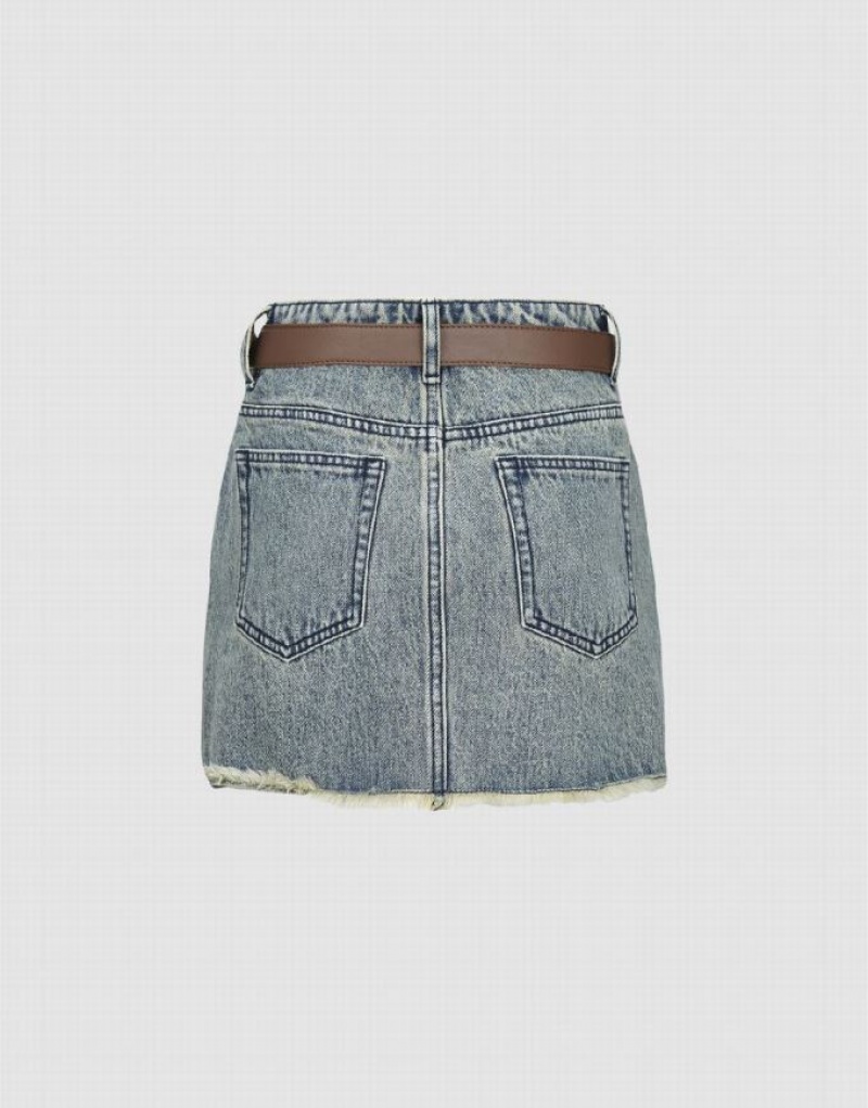 Blue Urban Revivo Raw Hem Mini Women's Denim Skirt | 72649COSQ