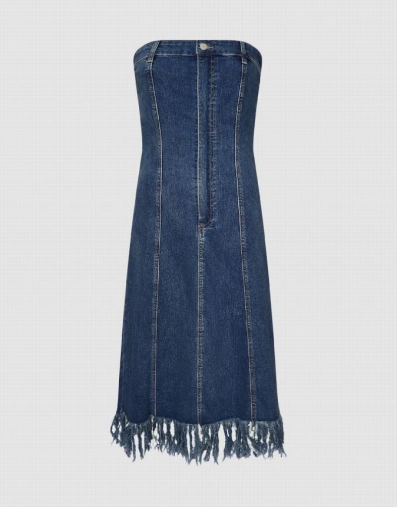 Blue Urban Revivo Raw Hem Sleeveless Women's Denim Dress | 47896PRUQ