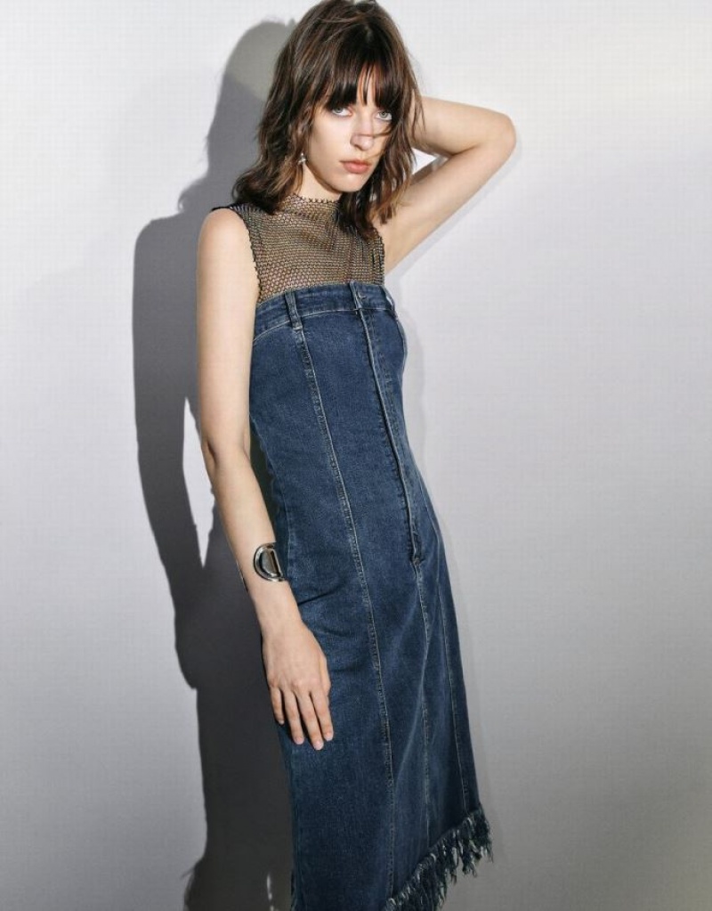 Blue Urban Revivo Raw Hem Sleeveless Women's Denim Dress | 47896PRUQ