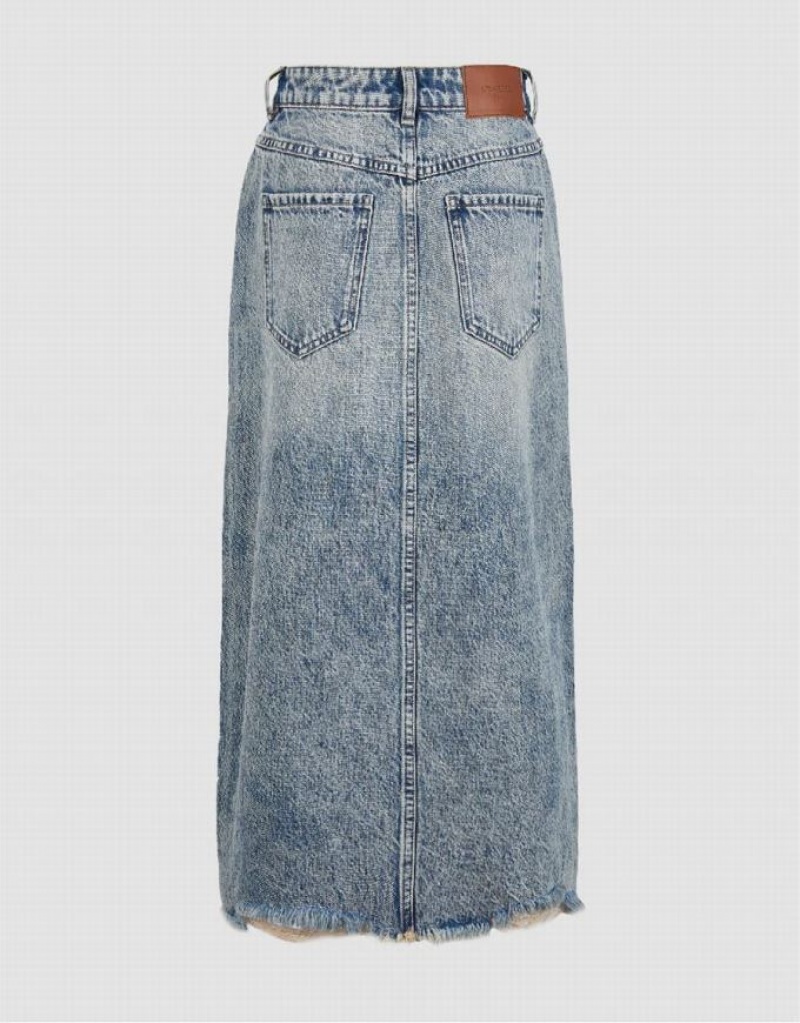 Blue Urban Revivo Raw Hem Split A-Line Women's Denim Skirt | 25309CKWX