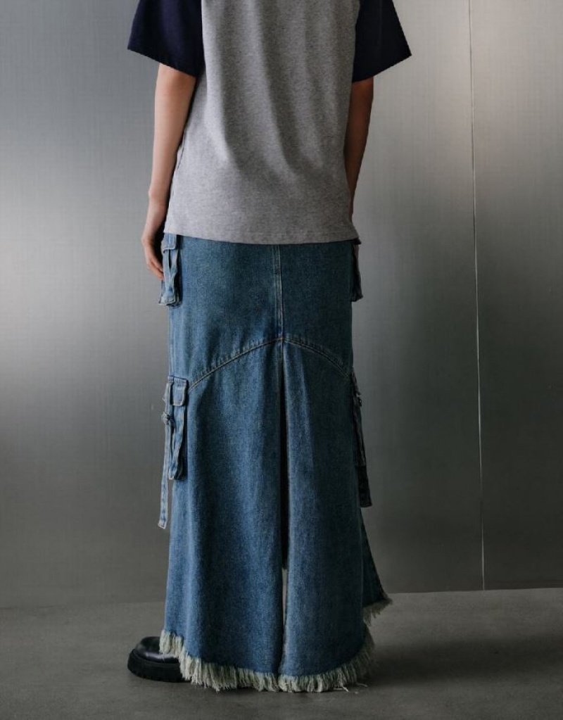 Blue Urban Revivo Raw Hem With Pockets Women's Denim Skirt | 63549ZGHX