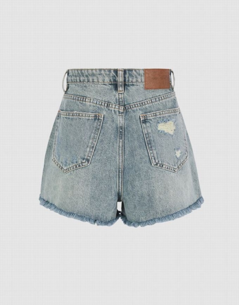 Blue Urban Revivo Raw Hem Women's Denim Shorts | 31289WKLE