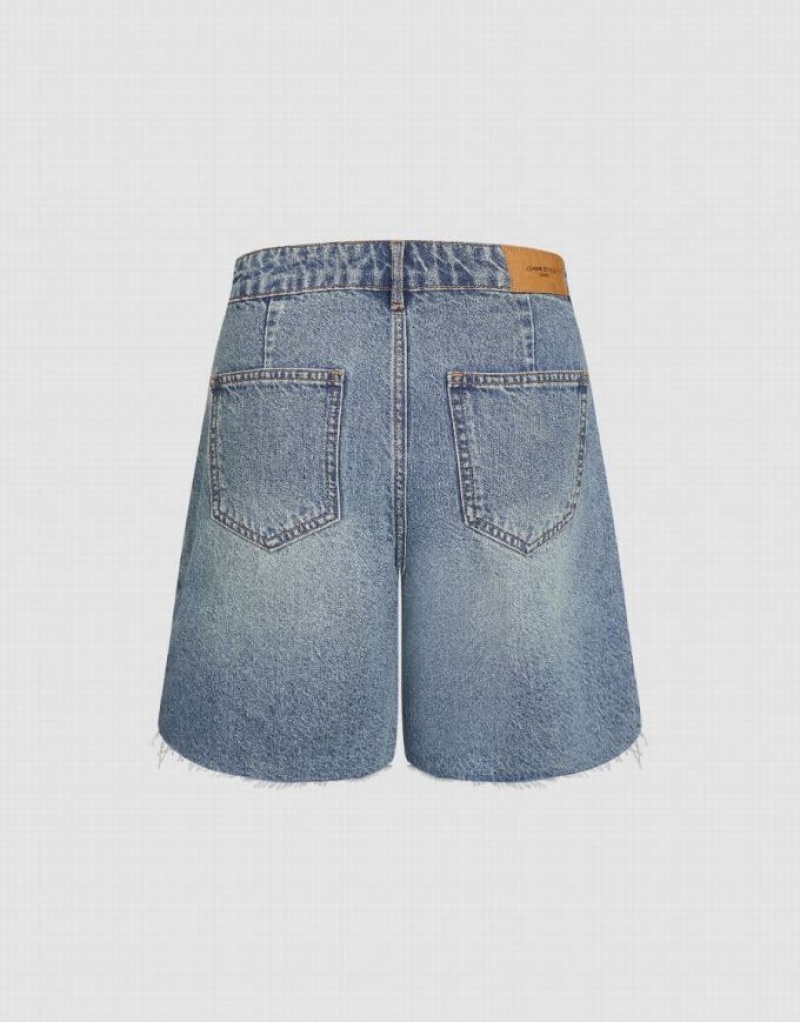 Blue Urban Revivo Raw Hem Women's Denim Shorts | 92416XSOQ