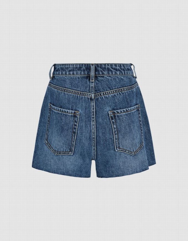 Blue Urban Revivo Raw Hem Women's Denim Shorts | 90356PYXC