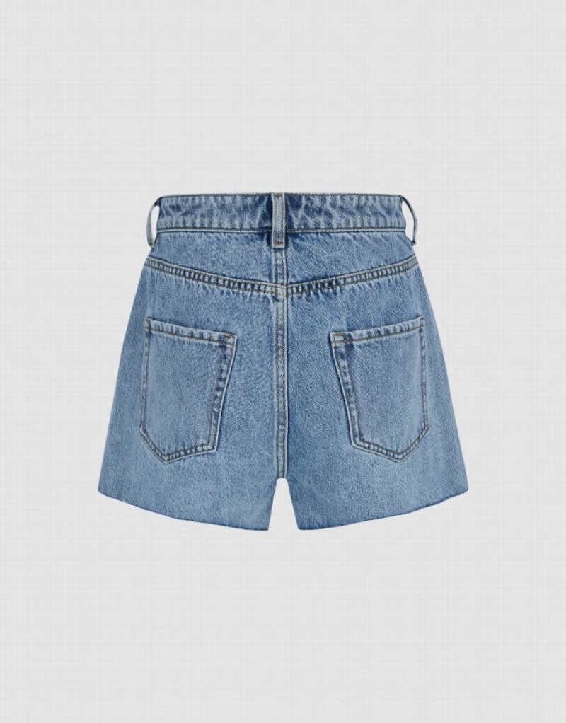 Blue Urban Revivo Raw Hem Women's Denim Shorts | 20846HJWQ