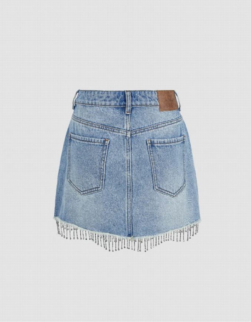 Blue Urban Revivo Rhinestone Hem Mini Straight Women's Denim Skirt | 35780AGUR