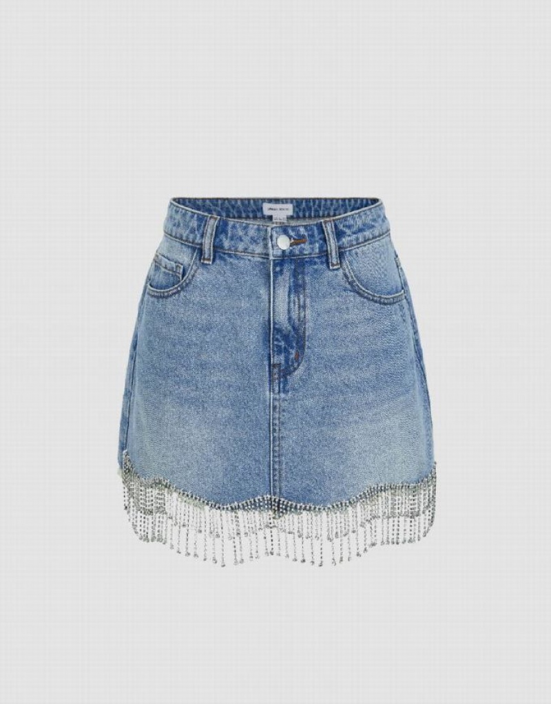 Blue Urban Revivo Rhinestone Hem Mini Straight Women\'s Denim Skirt | 35780AGUR