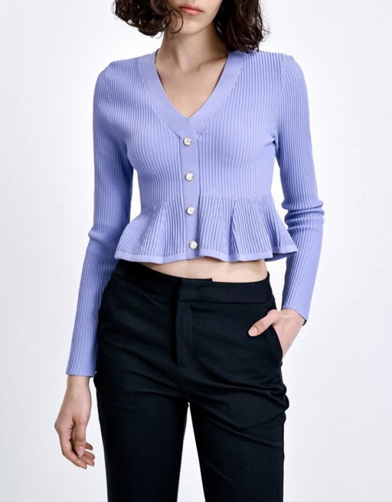 Blue Urban Revivo Ribbed Knit Button Front Knitted Top Women's Cardigan | 45279ONQM