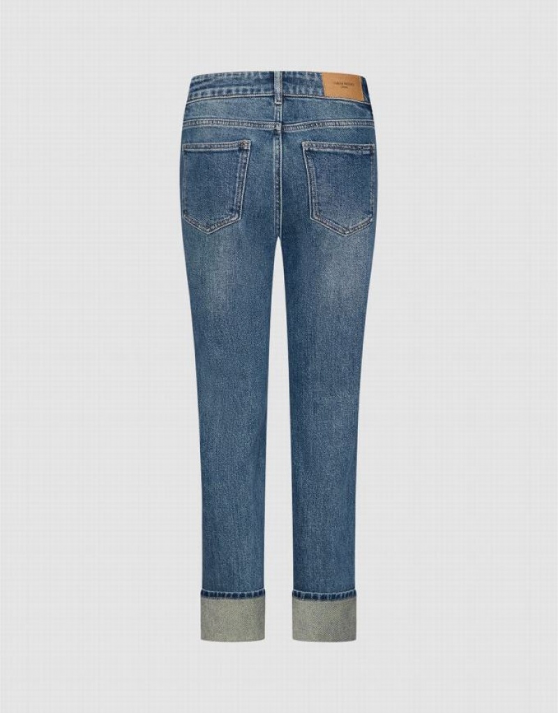 Blue Urban Revivo Rolled Up Hem Straight Women's Jeans | 42163VUZK