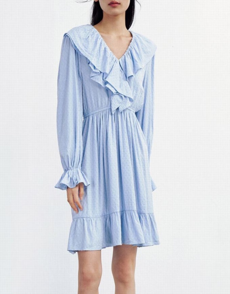 Blue Urban Revivo Ruffle Hem V Neck Women's Casual Dress | 62809PDXT