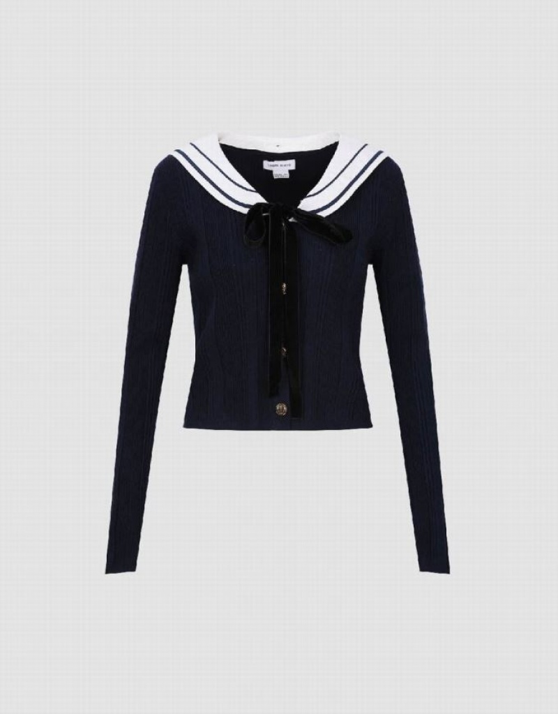 Blue Urban Revivo Sailor Collar Neck Knitted Women's Cardigan | 84376FRTG