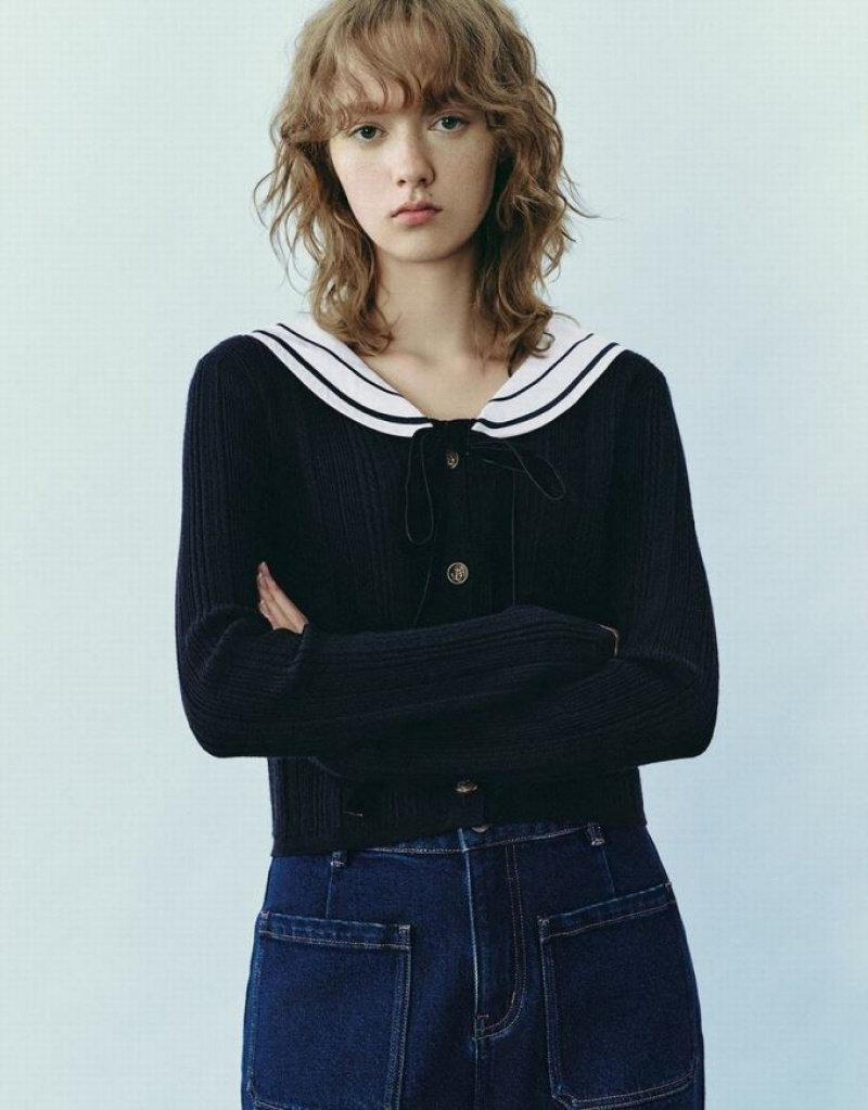 Blue Urban Revivo Sailor Collar Neck Knitted Women\'s Cardigan | 84376FRTG