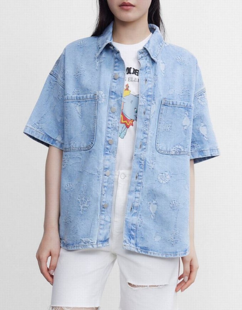 Blue Urban Revivo Seashell Patched Pocket Denim Women's Shirts | 61289ZVKH