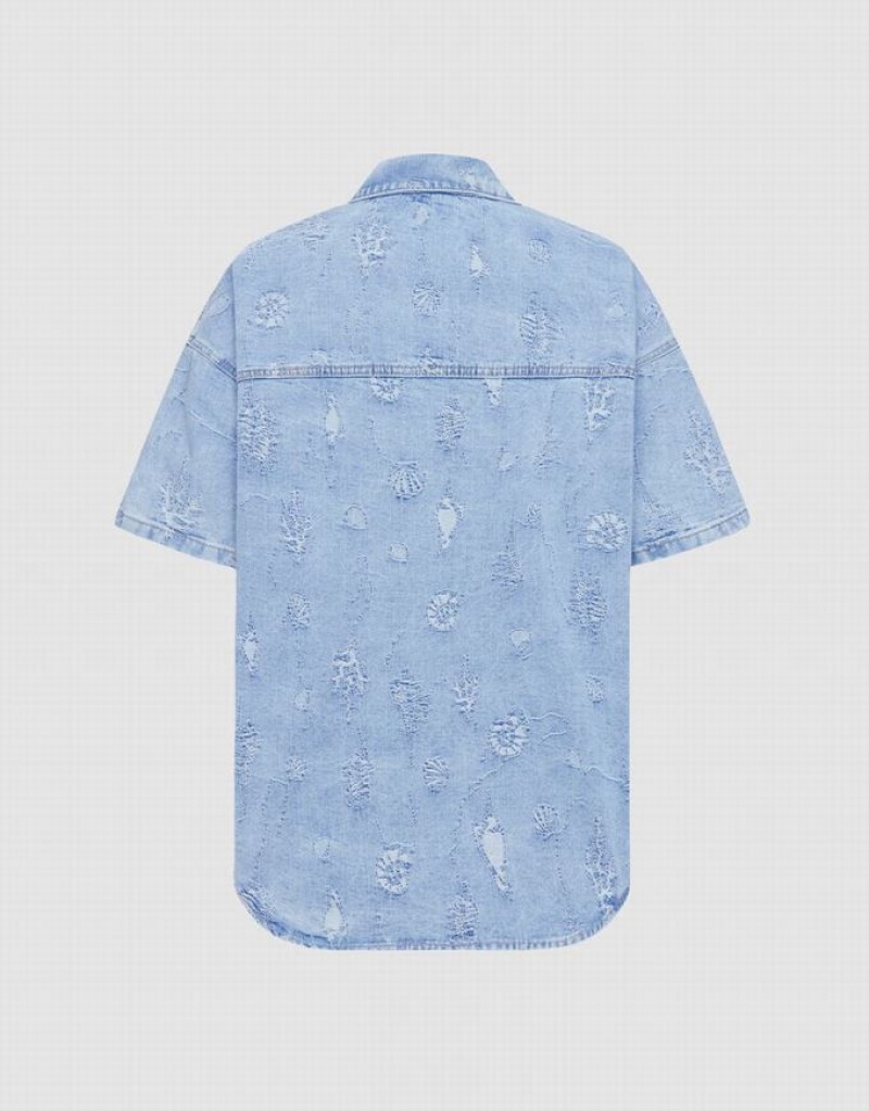 Blue Urban Revivo Seashell Patched Pocket Denim Women's Shirts | 61289ZVKH