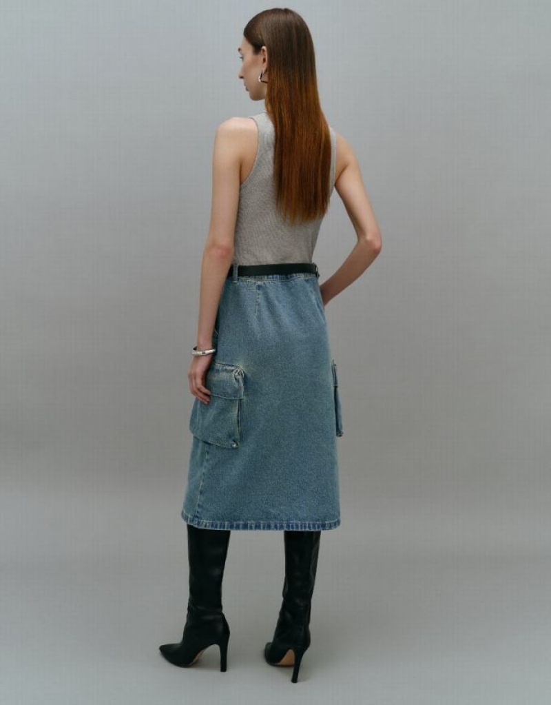 Blue Urban Revivo Sleeveless 2 In 1 Crew Neck Women's Denim Dress | 76351PKBG