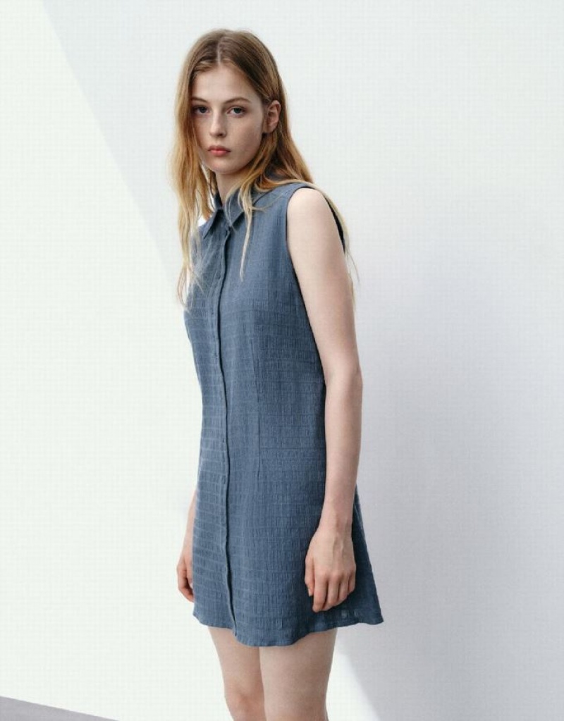 Blue Urban Revivo Sleeveless A-Line Women's Shirt Dress | 73260SHKA