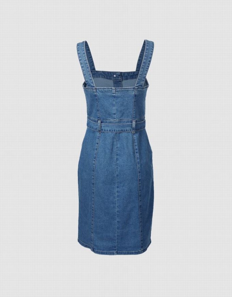 Blue Urban Revivo Sleeveless Button Front Women's Denim Dress | 91685WBHC