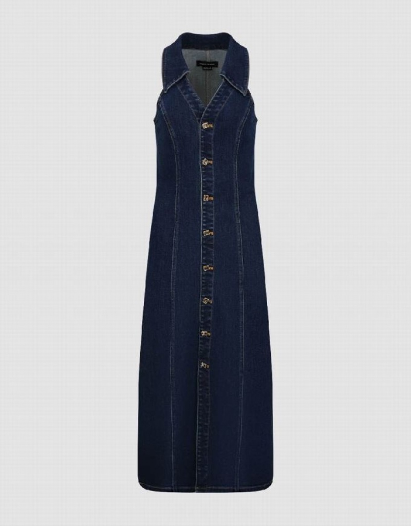 Blue Urban Revivo Sleeveless Lapel Women's Denim Dress | 97310VKJF