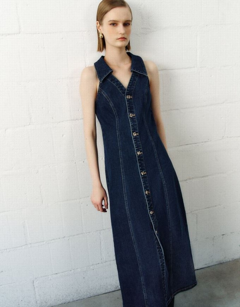 Blue Urban Revivo Sleeveless Lapel Women's Denim Dress | 97310VKJF